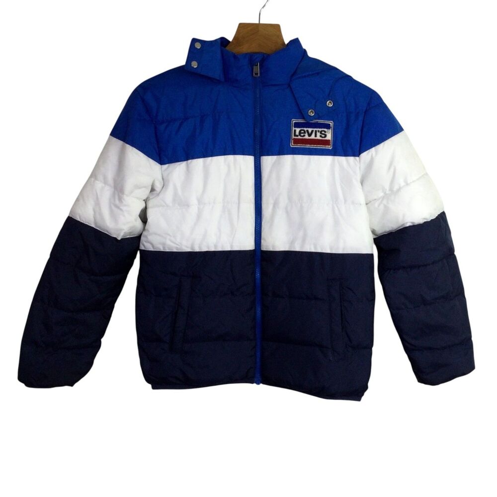 Levi’s Kids Full-Zip Hooded Puffer Jacket Colorblock Blue White Size L 12-13 YRS